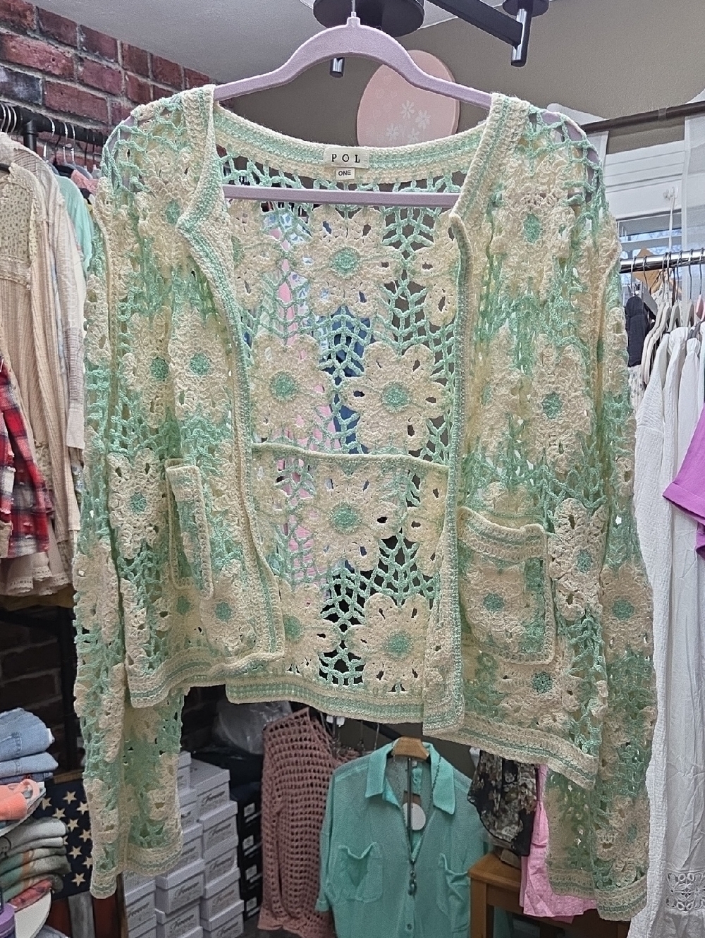 POL Crochet Floral Openwork Cardigan - Mint & Cream